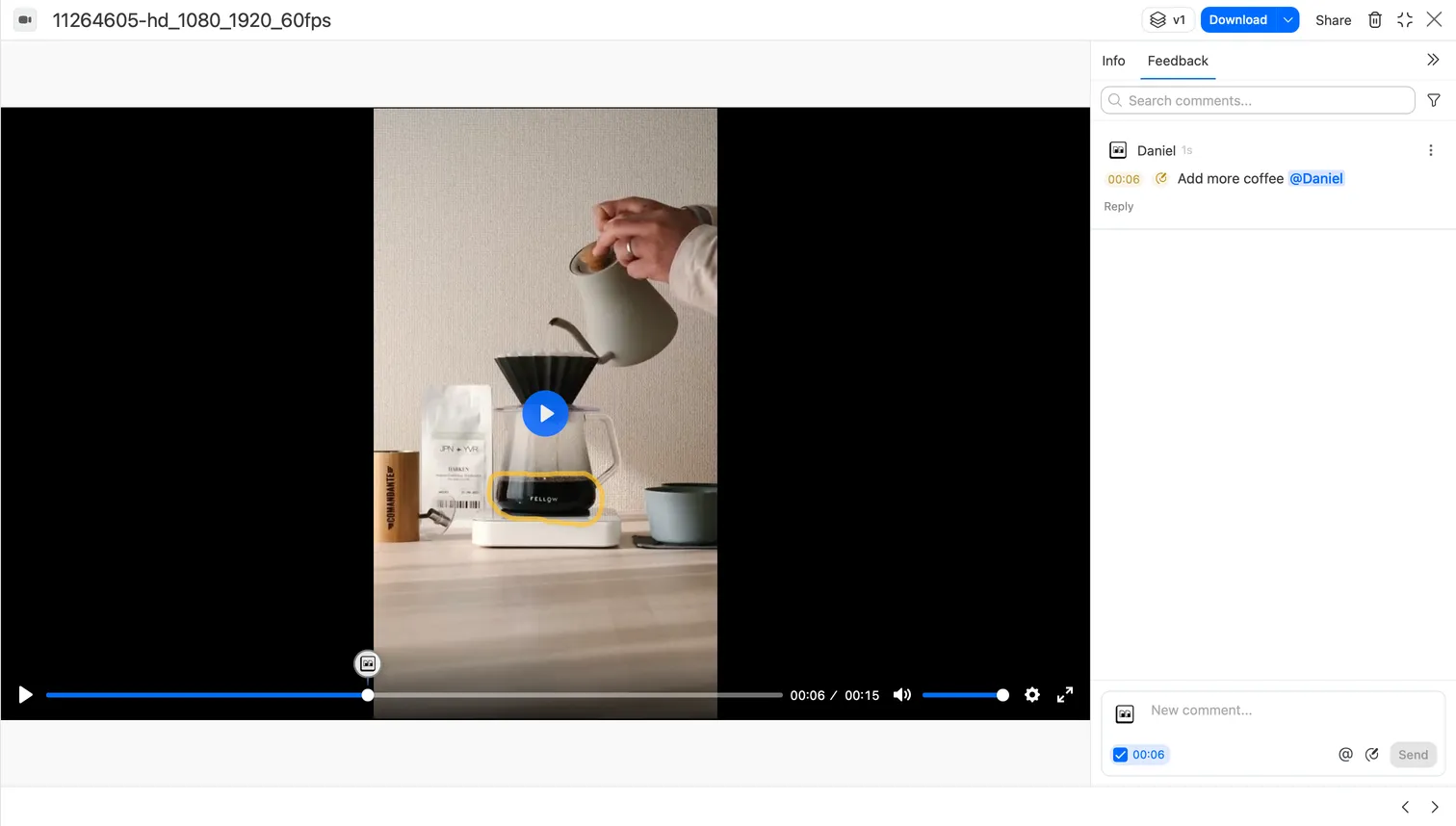 Brault video review software showing frame-accurate drawing annotation on a video timestamp